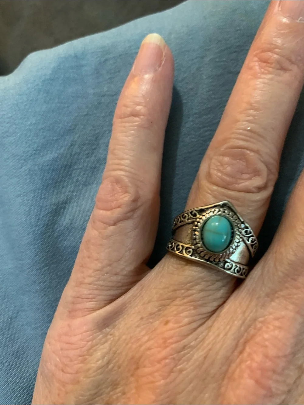Bohemian Turquoise Color Cabochon Silver-Style Statement Ring